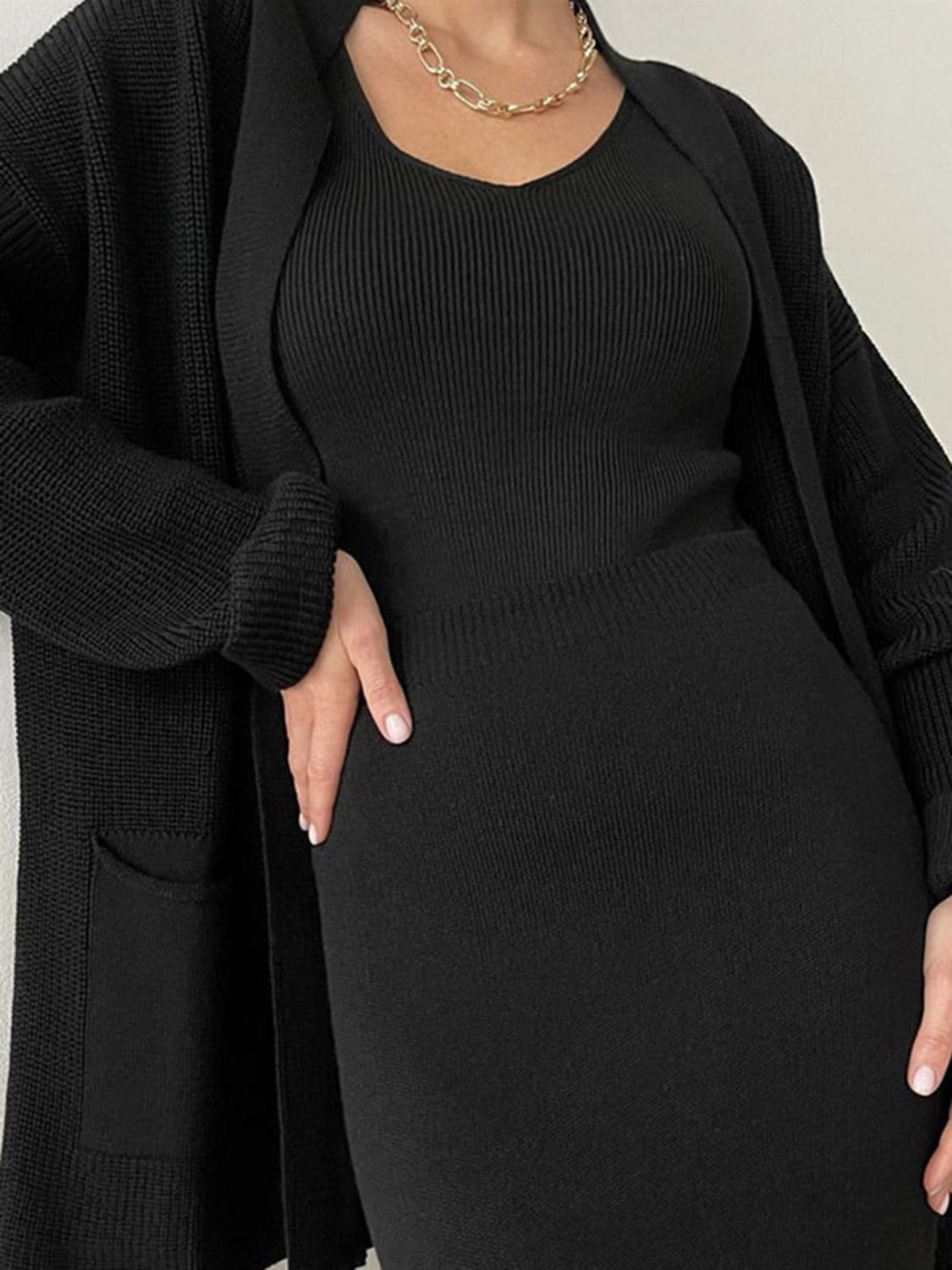 Pocketed Cardigan Skirt Set