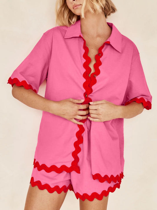 Contrast Trim Half Sleeve Shorts Set