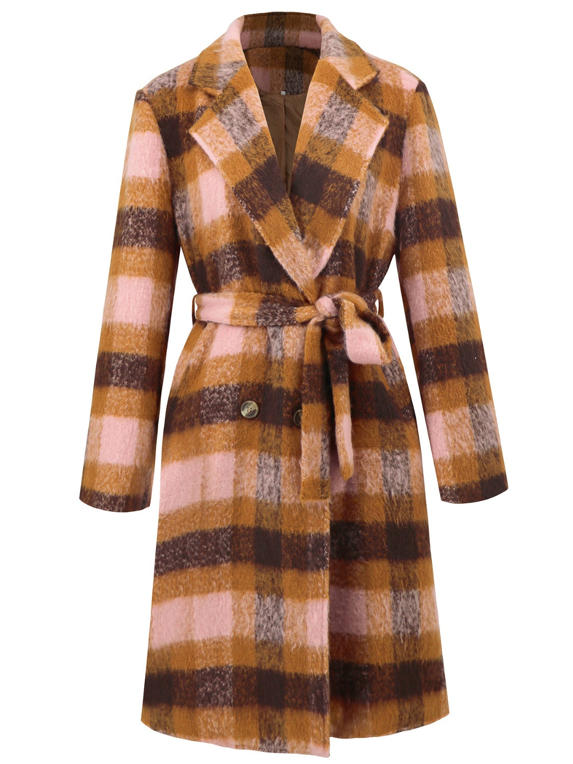 Tied Plaid Collared Coat