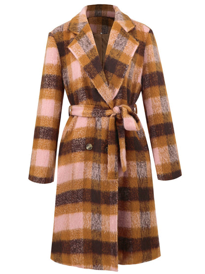 Tied Plaid Collared Coat