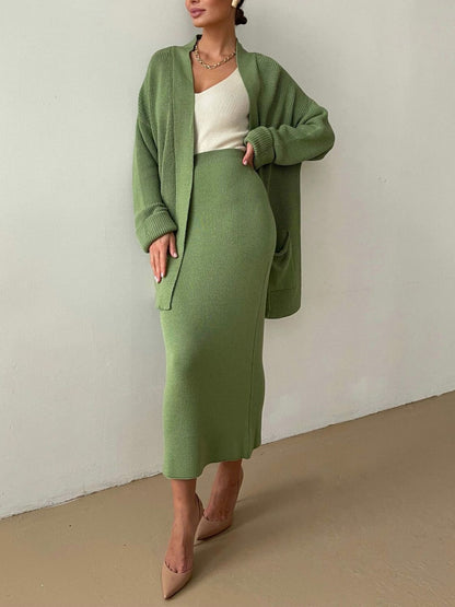 Pocketed Cardigan Skirt Set
