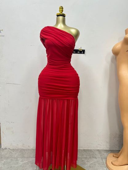 Sleeveless Diagonal Pleated Slit Dress