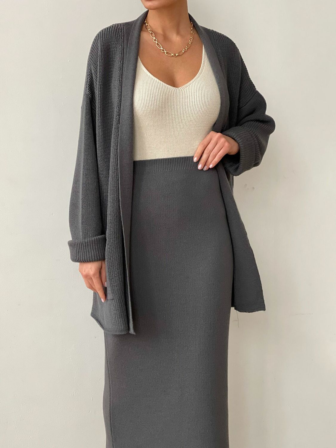 Pocketed Cardigan Skirt Set
