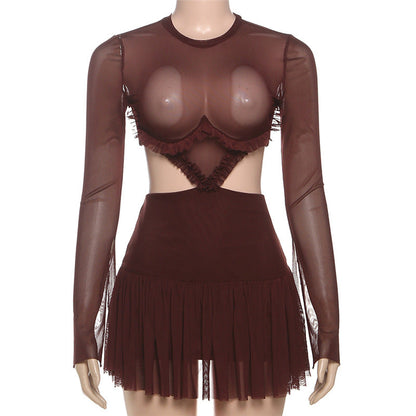 Mesh splicing perspective long sleeved dress