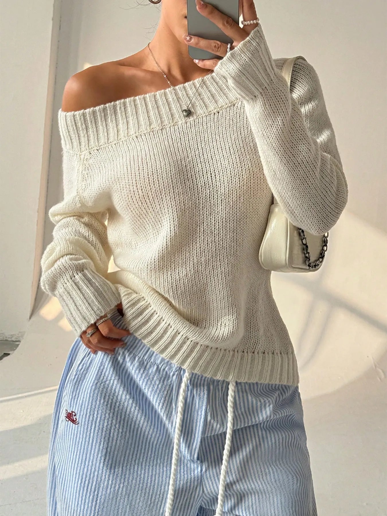 Ribbed Knit Boat Neck Sweater