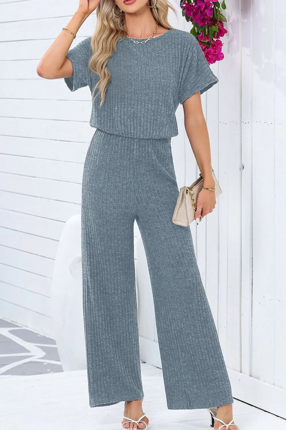 Ribbed Short Sleeve Wide Leg Jumpsuit