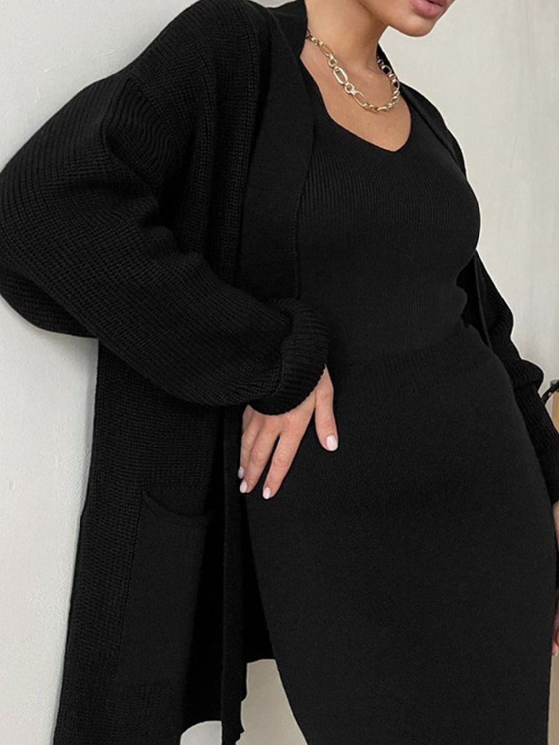 Pocketed Cardigan Skirt Set