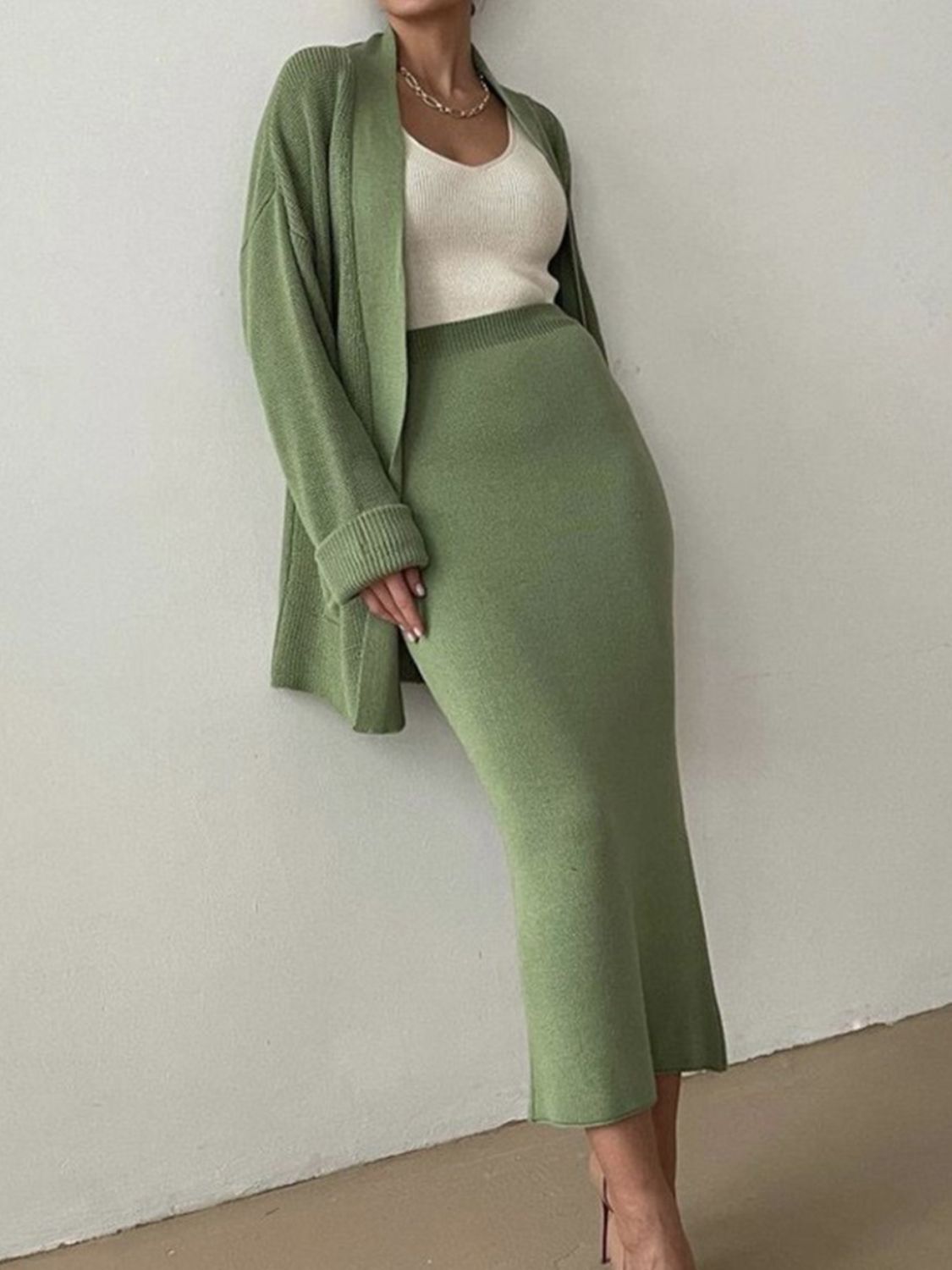 Pocketed Cardigan Skirt Set