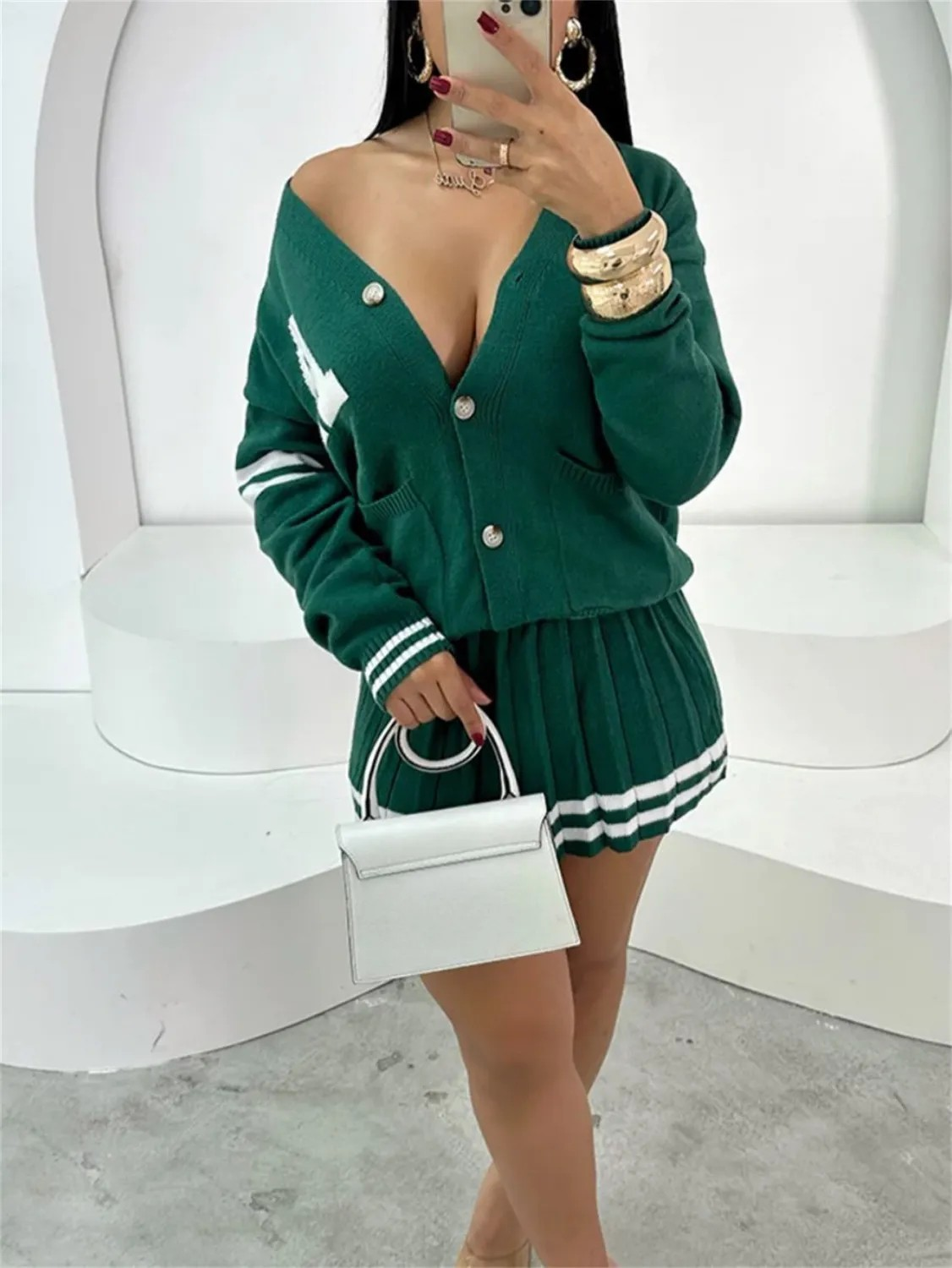 knitted long sleeved cardigan skirt set