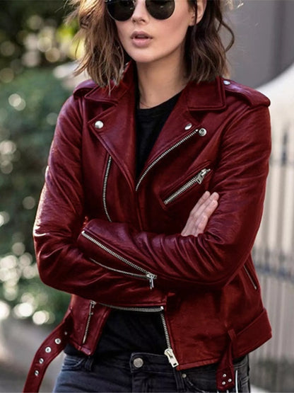 Full Size Zip Up Leather Biker Jacket
