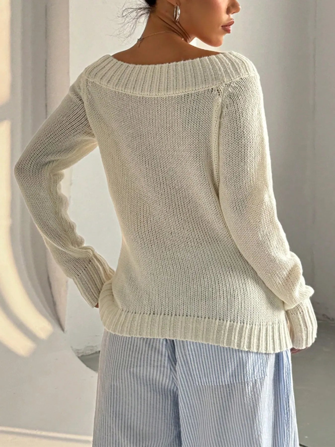 Ribbed Knit Boat Neck Sweater