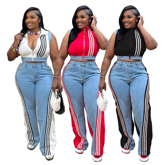 Loose Woven Denim Pants Set - MONLANE