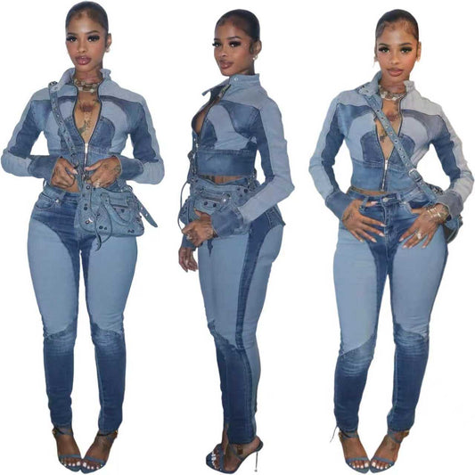 Splicing Color Washed Denim Set