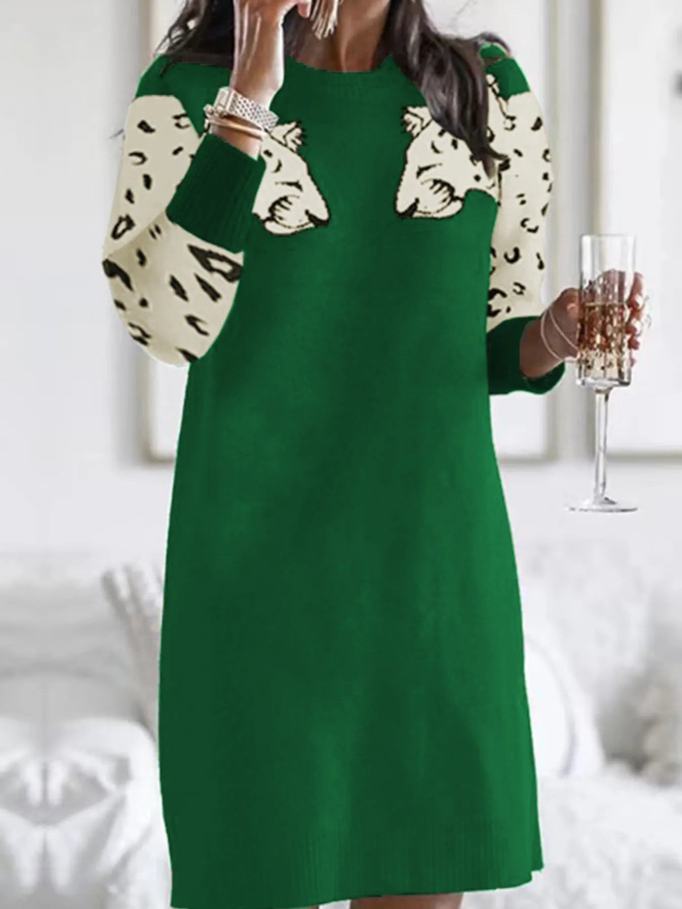 Leopard Round Neck Sweater Dress