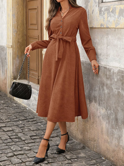 Button Front Belted Midi Dress