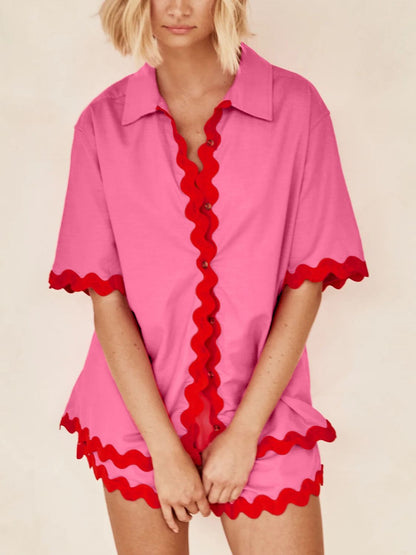 Contrast Trim Half Sleeve Shorts Set